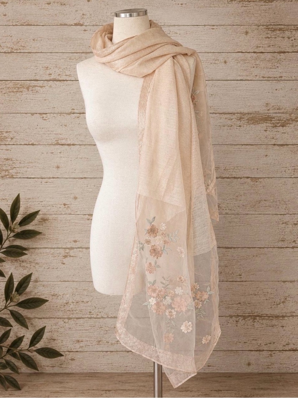 Stunning Beige Floral Embroidered Shawl Scarf